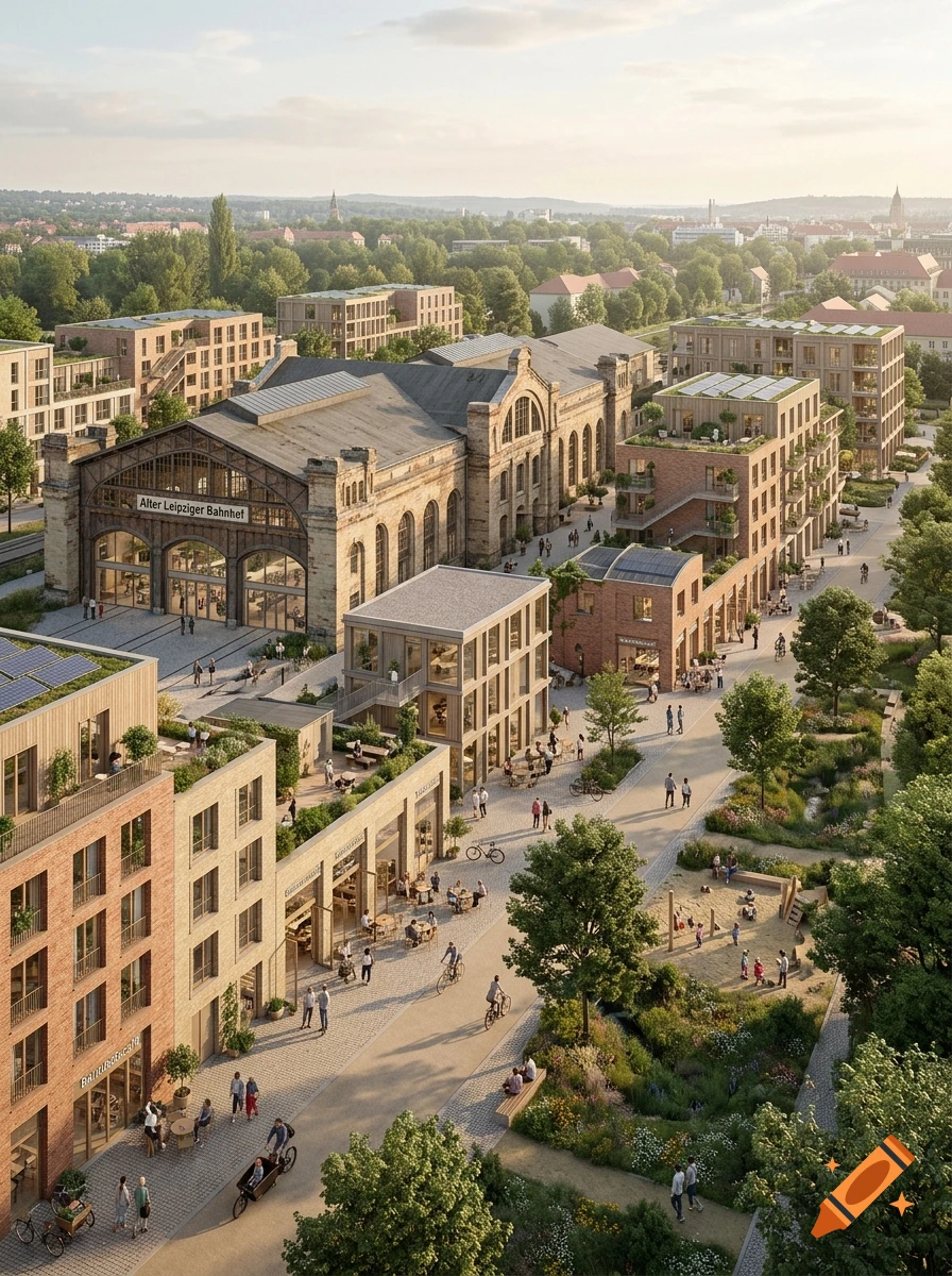 Aerial view of a modernized European railway station and surrounding new urban quarter with pedestrian zones, trees, and cyclists.