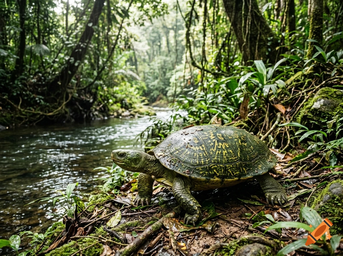 Photorealistic green turtle walking on a muddy riverbank in a lush tropical rainforest.