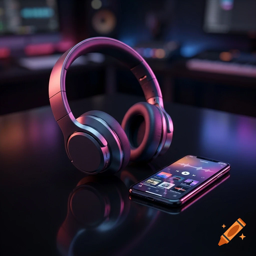 Over-ear headphones and a smartphone displaying a music player app resting on a reflective dark surface in a dimly lit studio.
