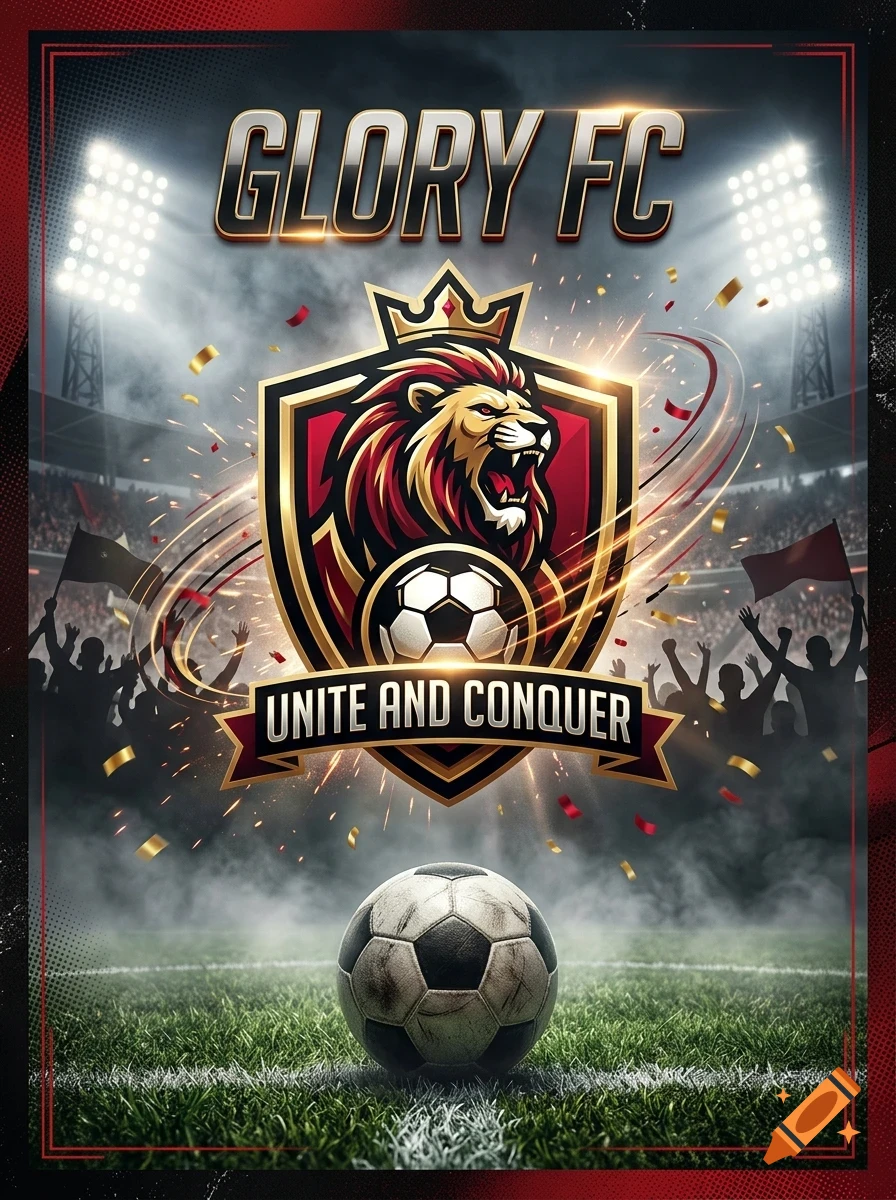A sports poster for GLORY FC featuring a lion crest, soccer ball, stadium lights, and cheering crowd silhouettes.