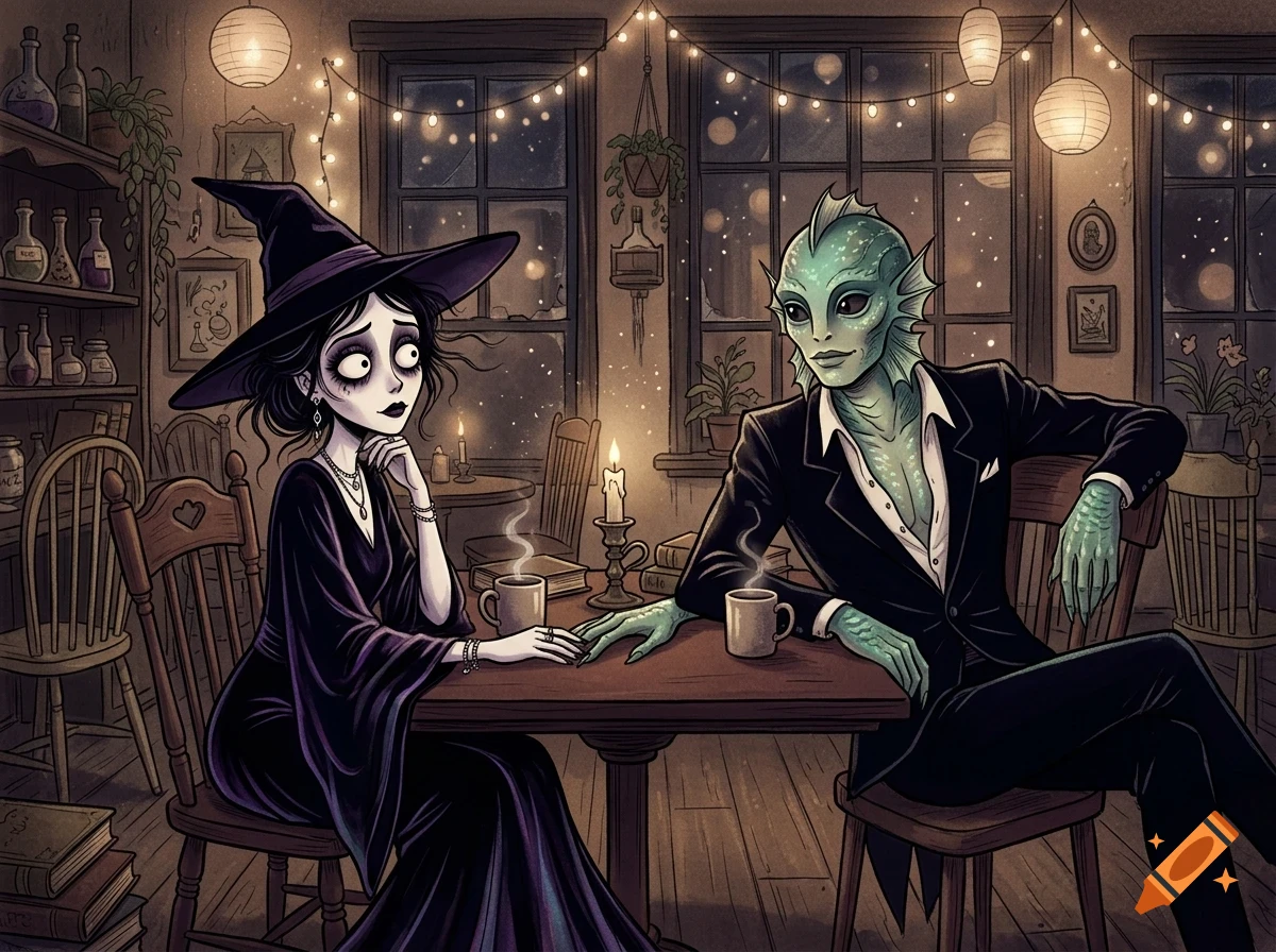 An illustrated gothic-style witch with pale skin and black hair in a witch hat sitting across a table from a green aquatic creature in a suit inside a cozy lit tavern.