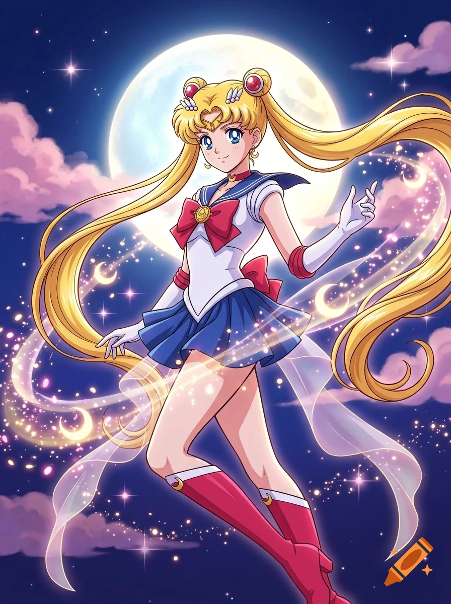 An anime-style illustration of Sailor Moon posing in front of a large full moon at night, surrounded by glowing sparkles and clouds.