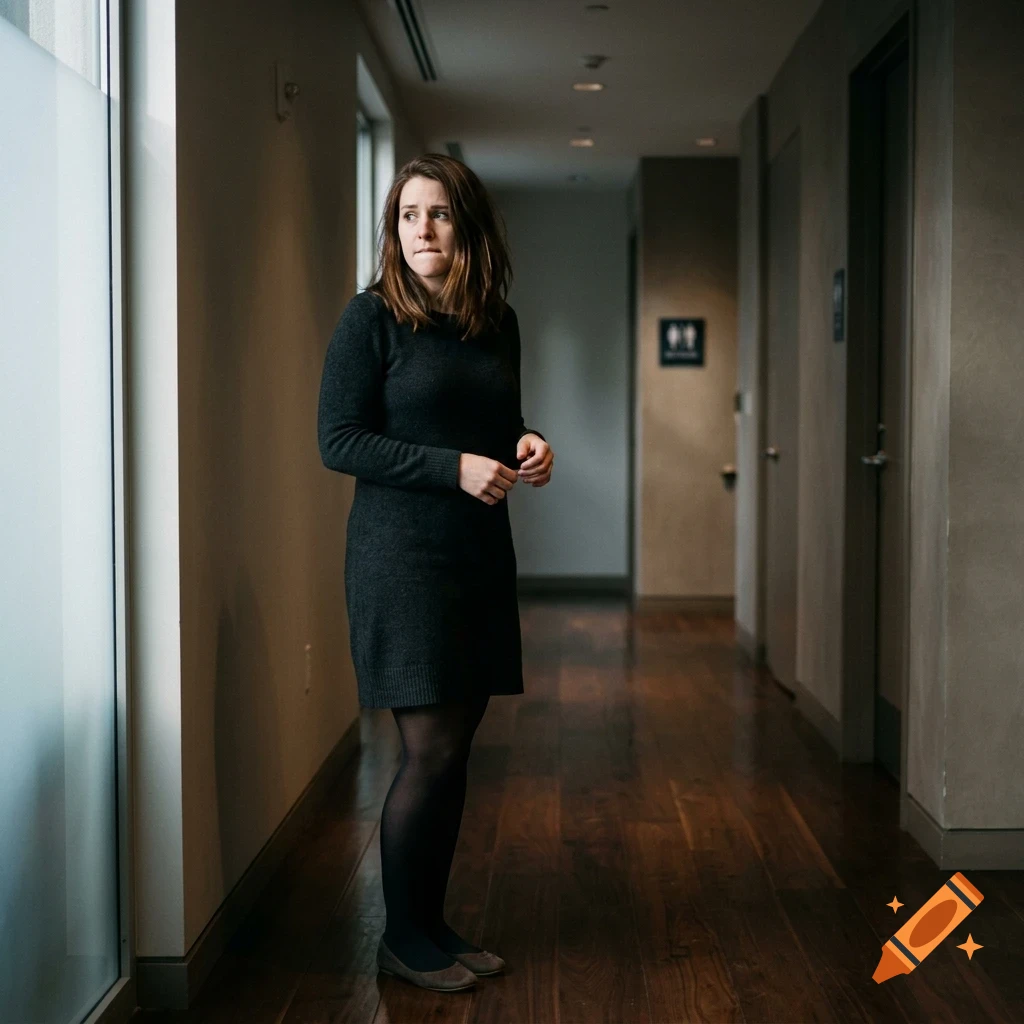 A woman stands in a dimly lit hallway, biting her lip and looking to the side.