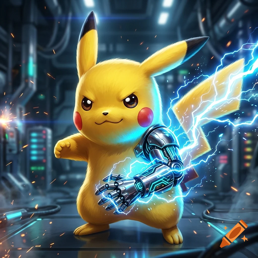 A cybernetic yellow creature with a robotic arm crackling with blue electricity, standing inside a futuristic machine room.