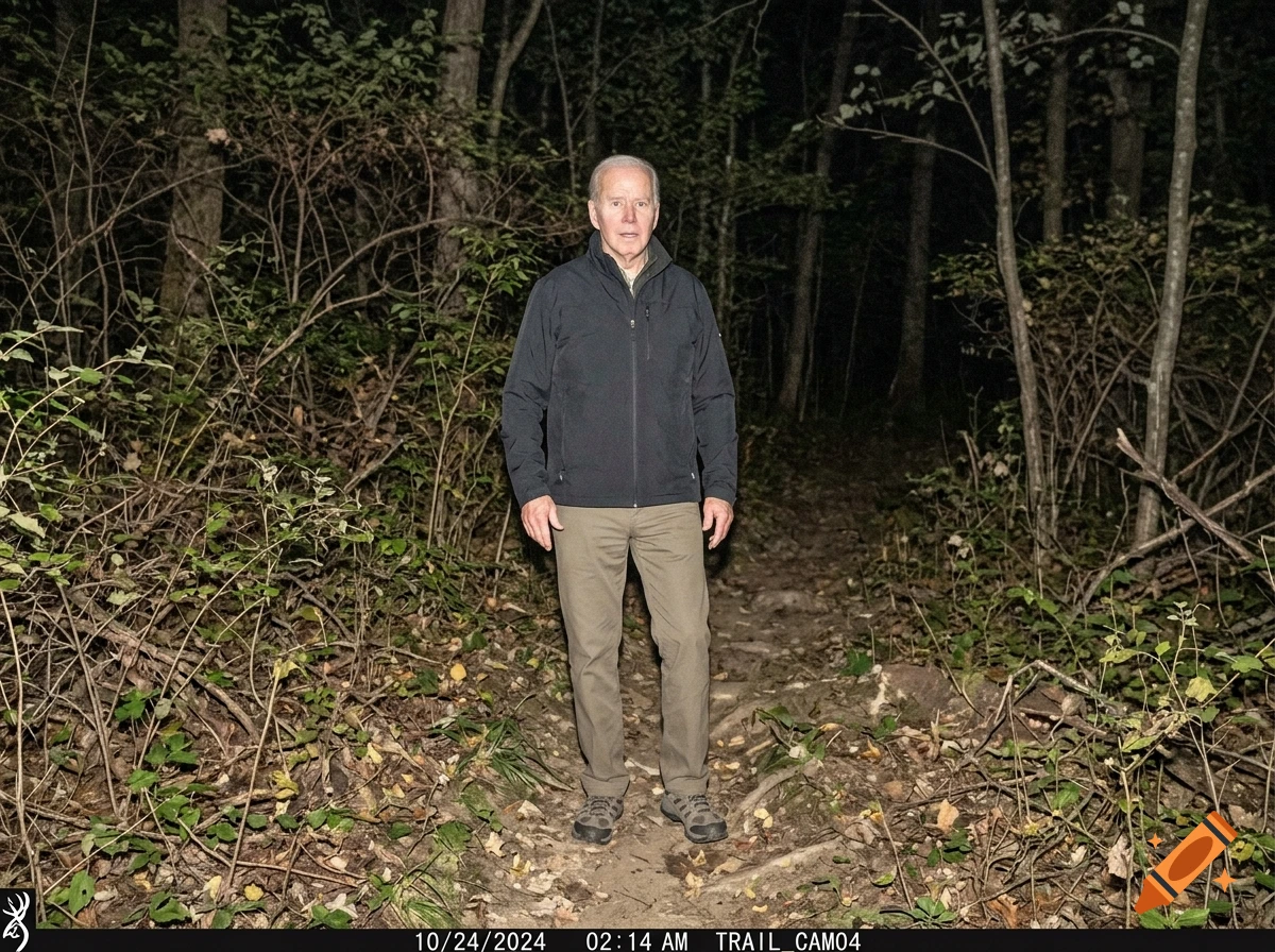 Trail camera photo of Joe Biden standing in a dark forest at night with timestamp at the bottom.