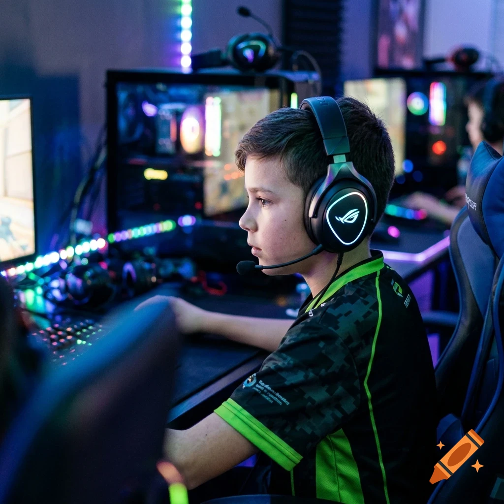 A young boy with a headset is intensely focused on playing a computer game in a brightly lit gaming lounge.