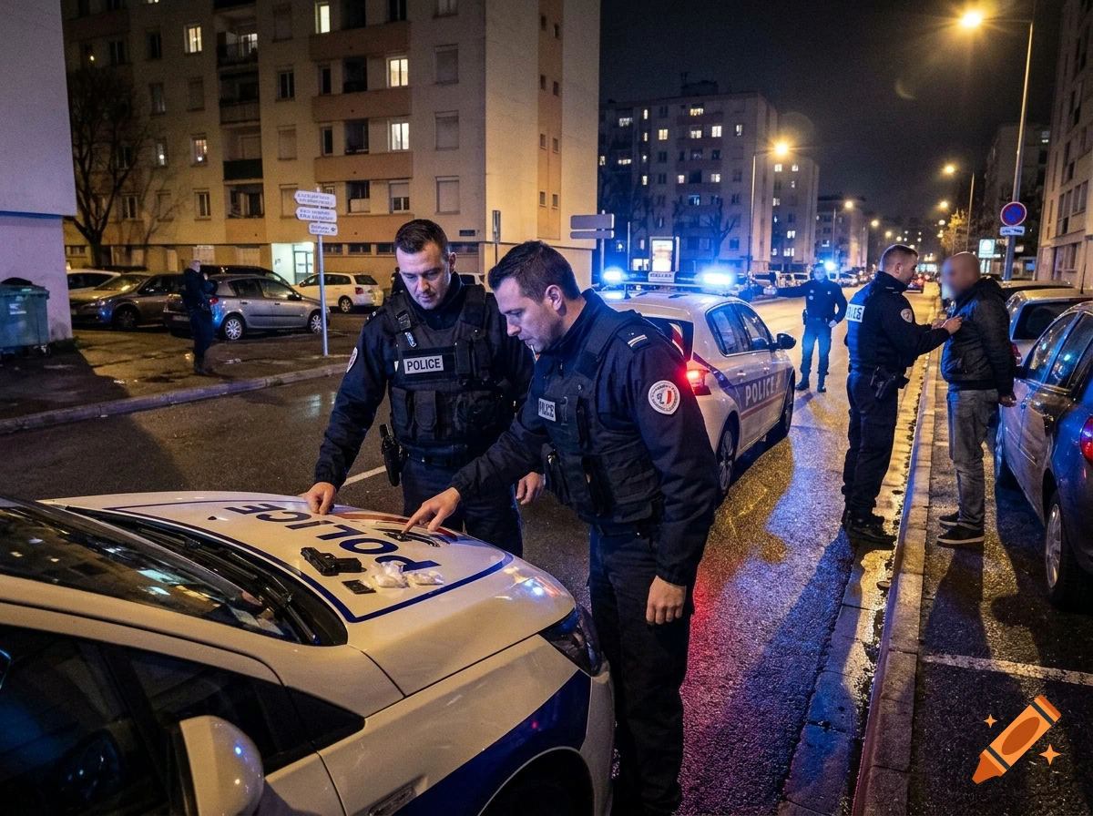 French police officers conducting a nighttime street check and seizure on a car hood, photorealistic.