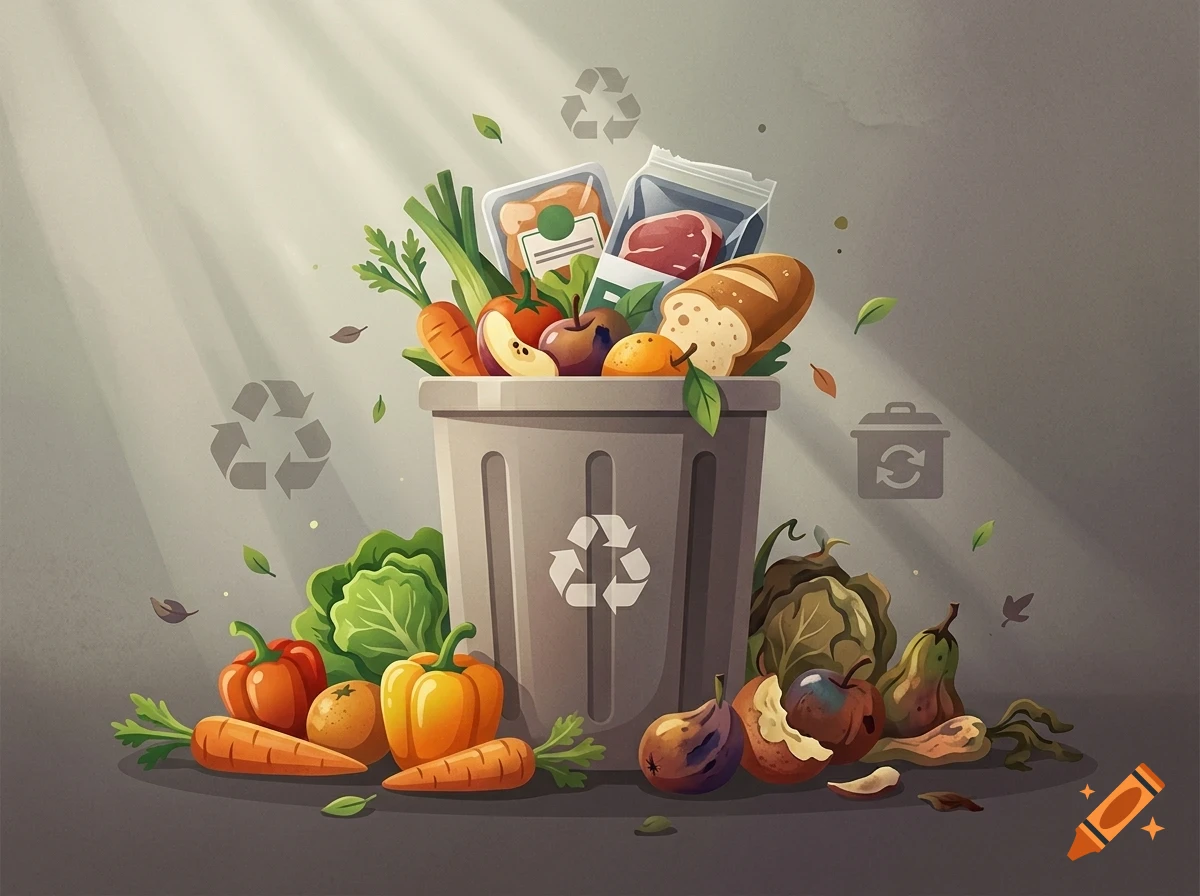 An illustration of a gray bin overflowing with food waste and groceries under warm light rays, surrounded by fresh and decaying produce.