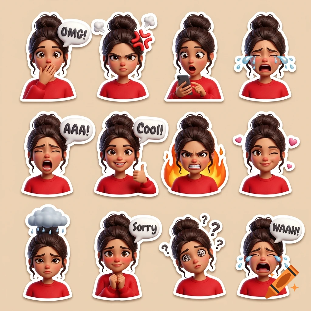 Pixar-style 3D cartoon sticker pack showing a woman with a hair bun in various emotional expressions with speech bubbles.