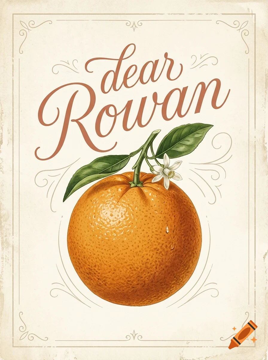Vintage botanical illustration of an orange with leaves and a blossom, featuring the text "dear Rowan" in script above it, set inside an ornate border.