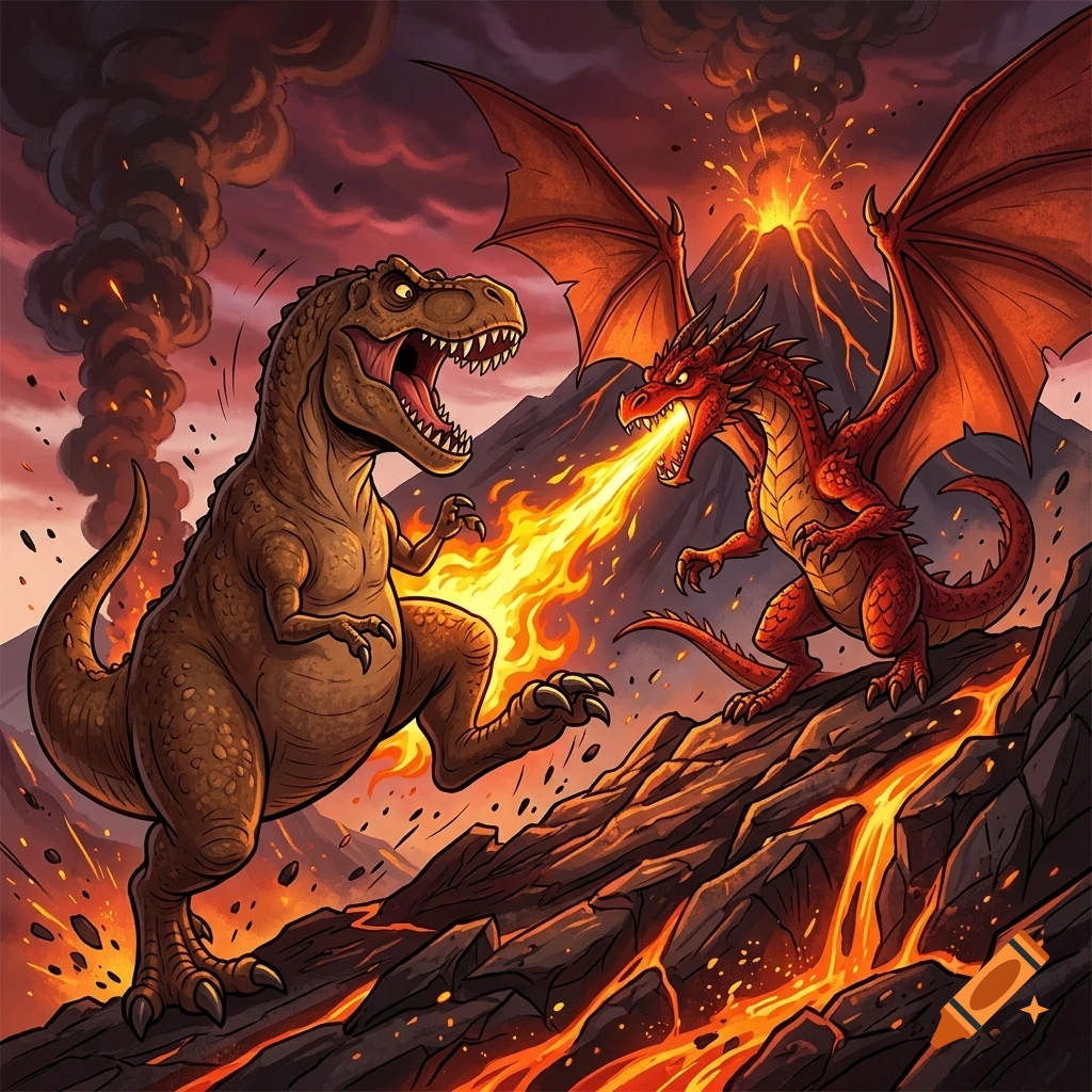 A T-Rex and a red dragon facing off and breathing fire near an erupting volcano with lava flows in a cartoon illustration style.