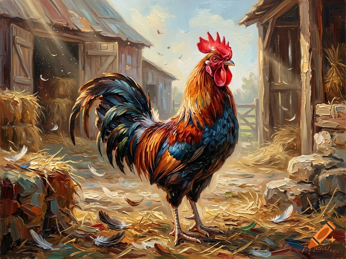 An oil painting depicting a colorful rooster standing in a farmyard with barns and hay in the background.