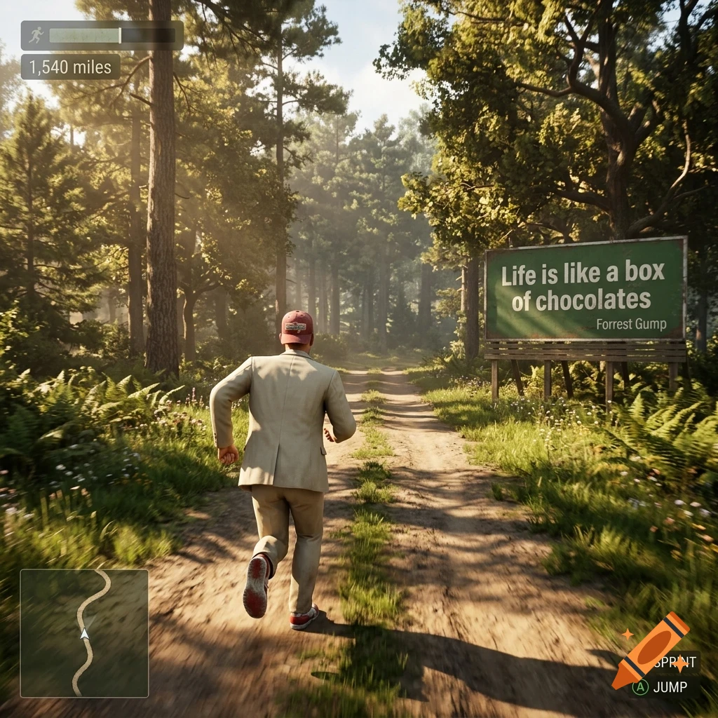 A man in a suit and baseball cap running along a dirt path through a forest, passing a billboard that reads Life is like a box of chocolates, with video game interface elements on screen.