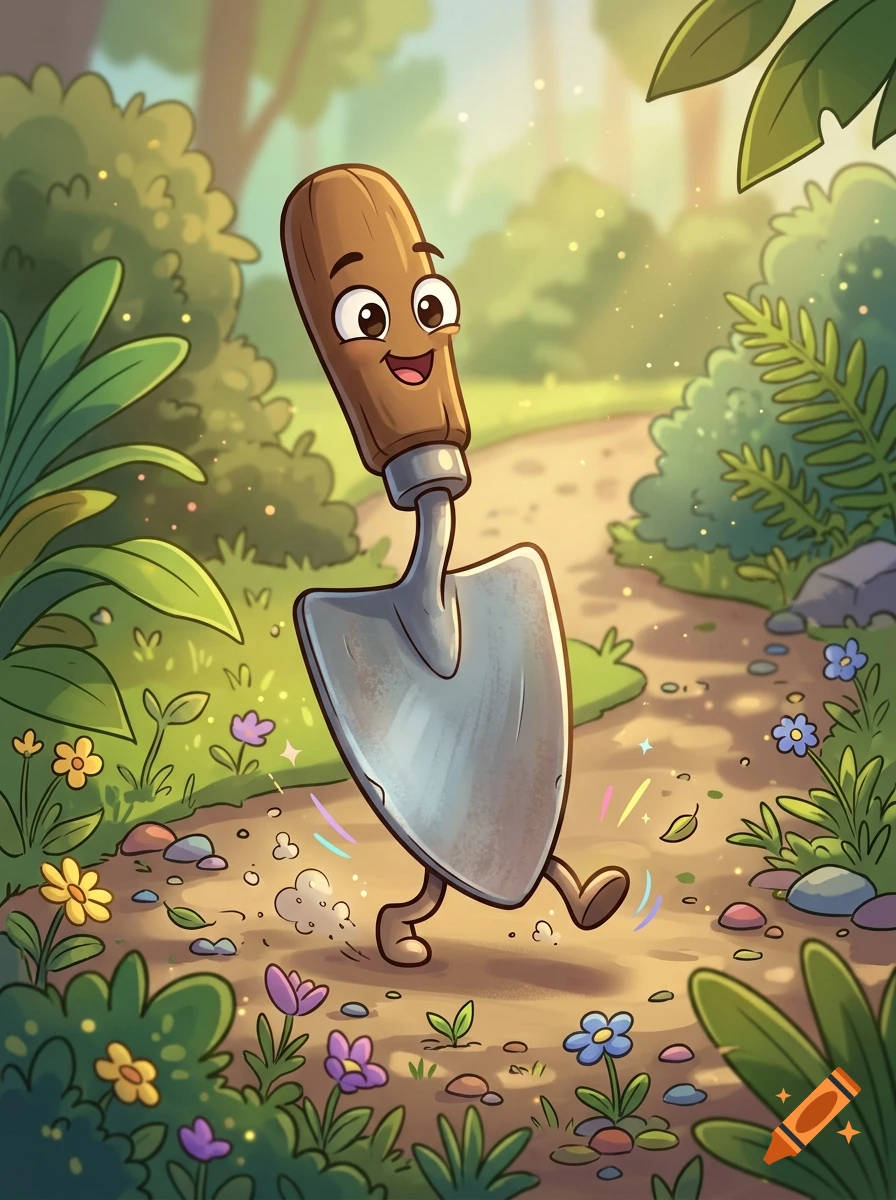 Cartoon illustration of a smiling trowel with legs walking along a garden path surrounded by greenery and flowers.