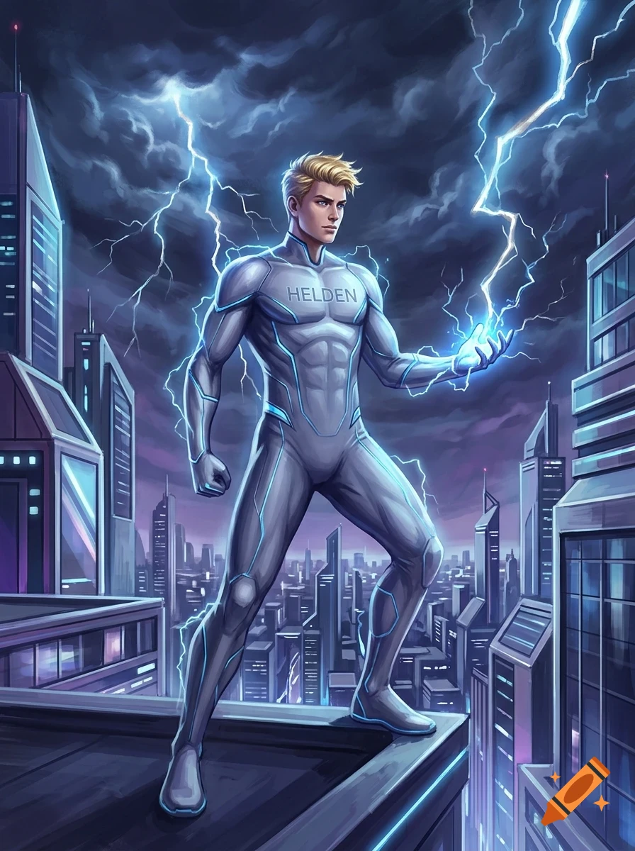 A superhero with blond hair in a silver bodysuit stands on a skyscraper roof overlooking a futuristic city at night, with lightning flashing in the sky and glowing in his hand.