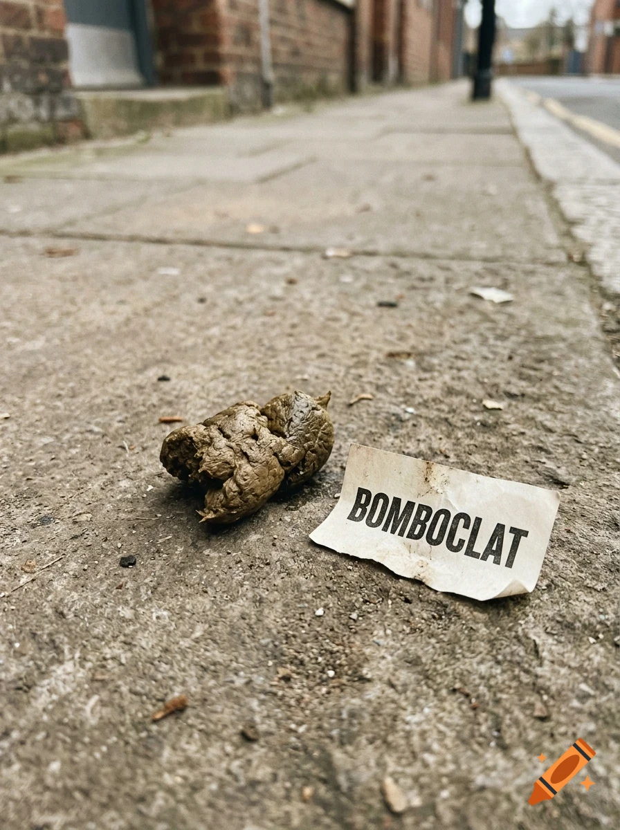 A piece of dog feces on a concrete sidewalk next to a small piece of paper with the text BOMBOCLAT.