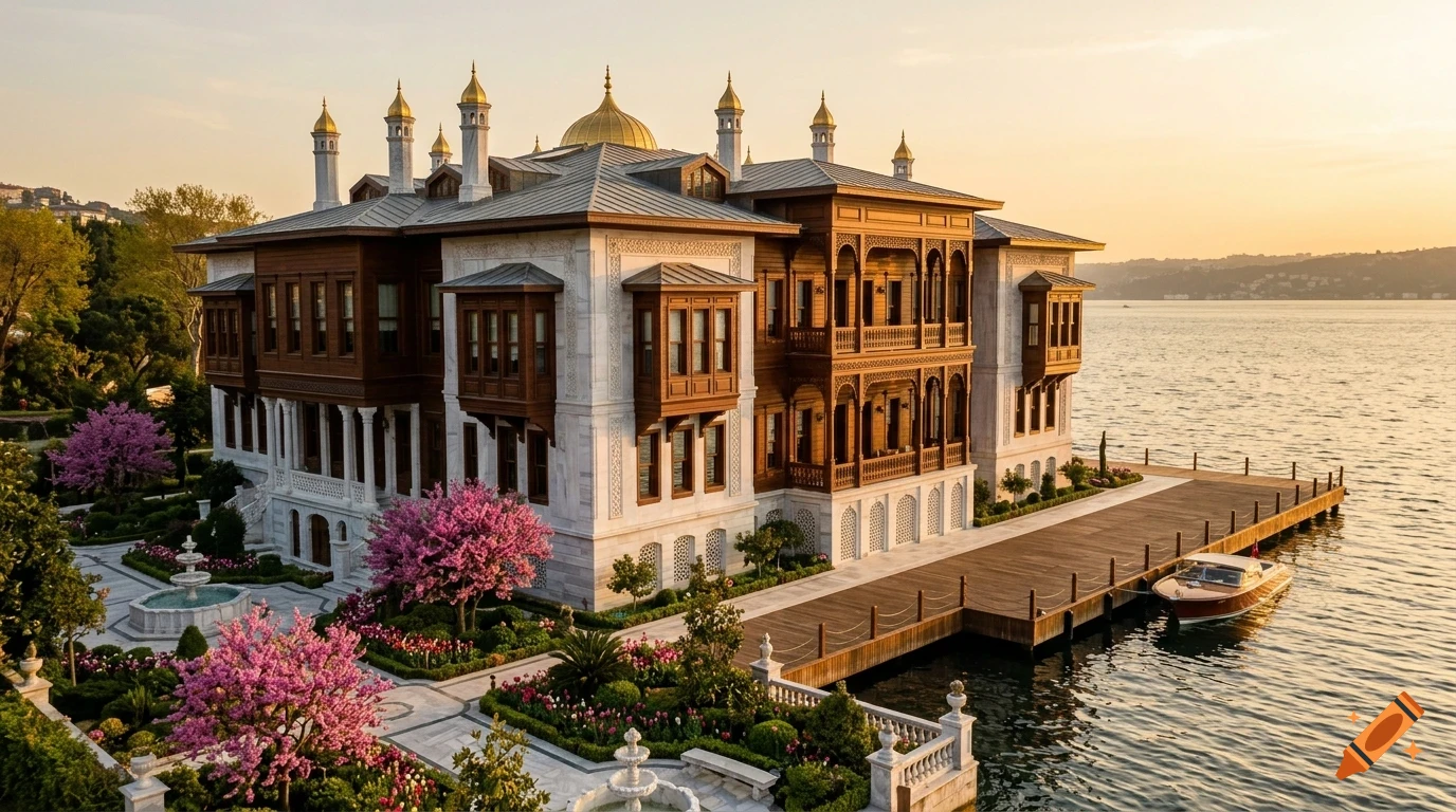 A large waterfront mansion with traditional Ottoman architecture, golden domes, and dark wood balconies sits beside a calm river at sunset.