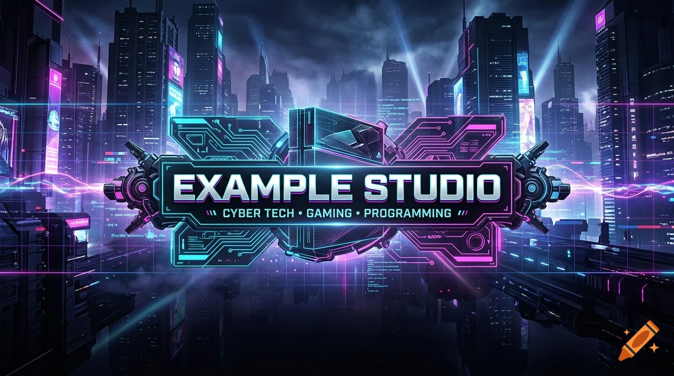 A futuristic city skyline at night with neon lights and a prominent logo for EXAMPLE STUDIO in the center.