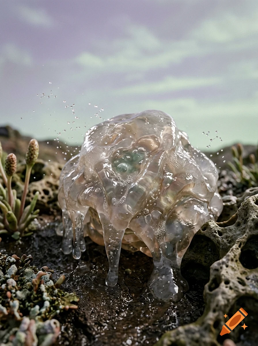 A translucent, gelatinous mass sitting on rocky ground with small plants and water droplets splashing around it under an overcast sky.