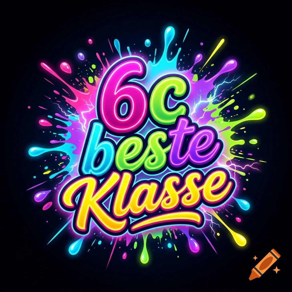 Colorful neon lettering reading '6c beste Klasse' against a black background with glowing paint splatters.