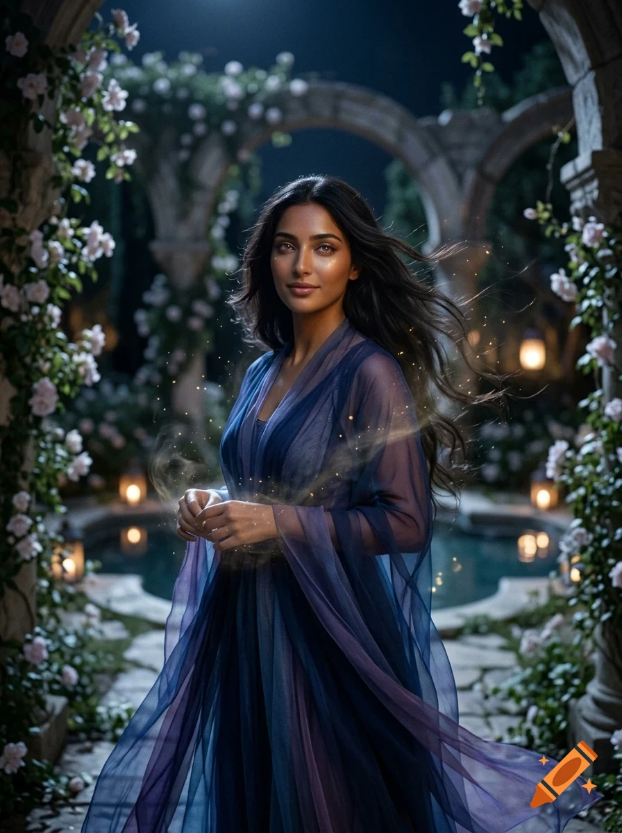 A portrait of a woman with long dark hair, wearing a flowing blue dress, standing in a magical garden with stone archways and glowing lights.