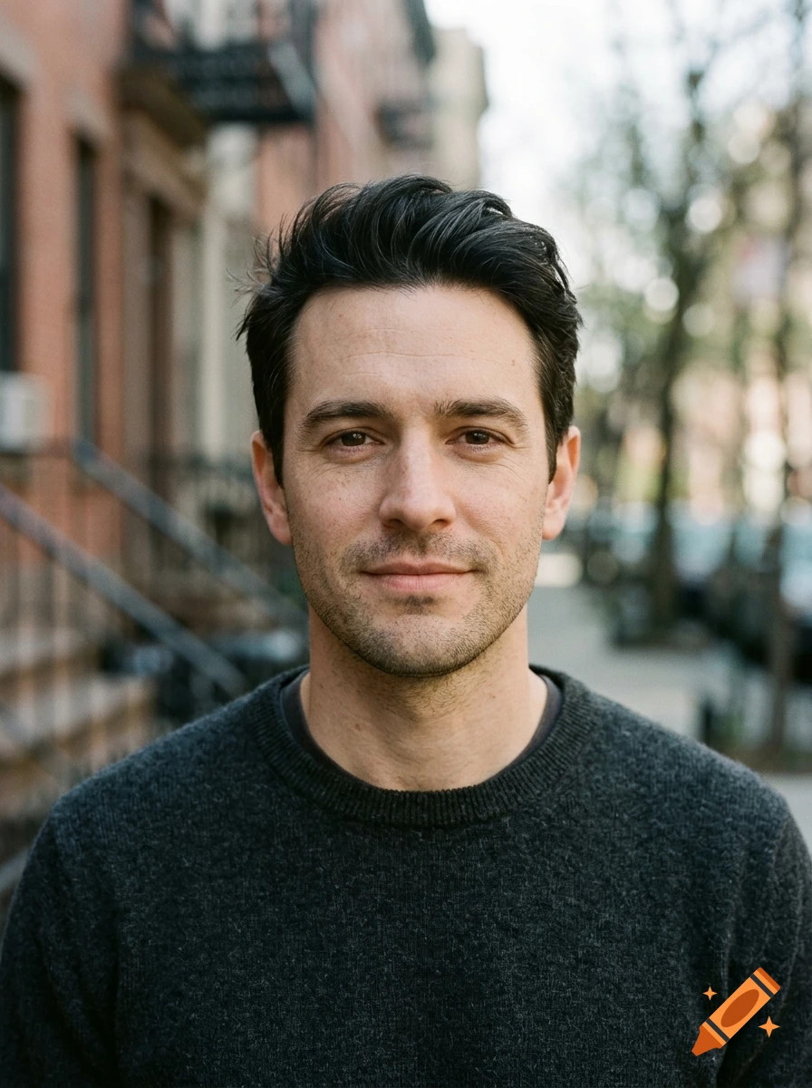 Photorealistic portrait of a handsome 30-year-old man with dark hair and a sweater, standing outdoors in front of a building.