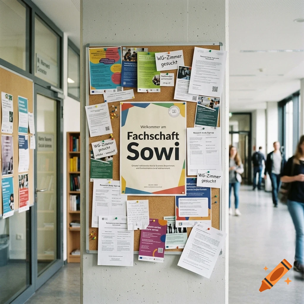 A cork notice board covered with flyers, notices, and notes in a university hallway with students walking in the background.