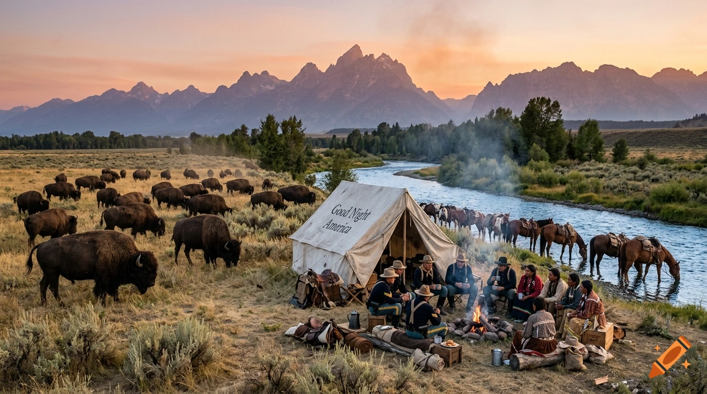 Photorealistic scene of soldiers and Cherokee Indians camping by a river with a buffalo herd and mountains at sunset.