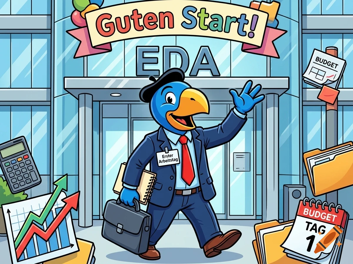 An illustration of a blue bird mascot in a business suit waving hello in front of a modern office building, surrounded by office and financial icons.