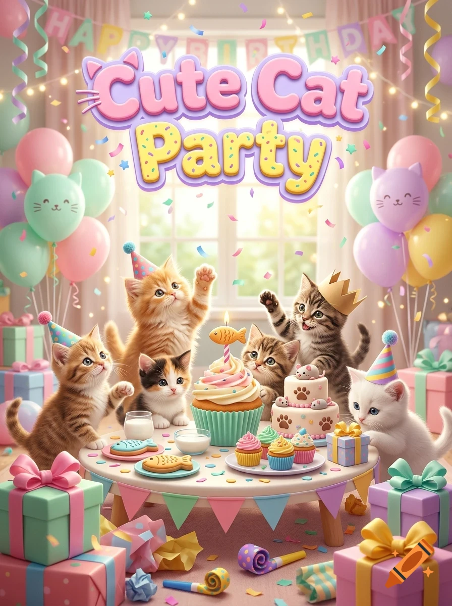Several playful kittens celebrating a birthday around a table with a large cupcake, small cakes, and presents, surrounded by balloons and confetti under a 'Cute Cat Party' banner.