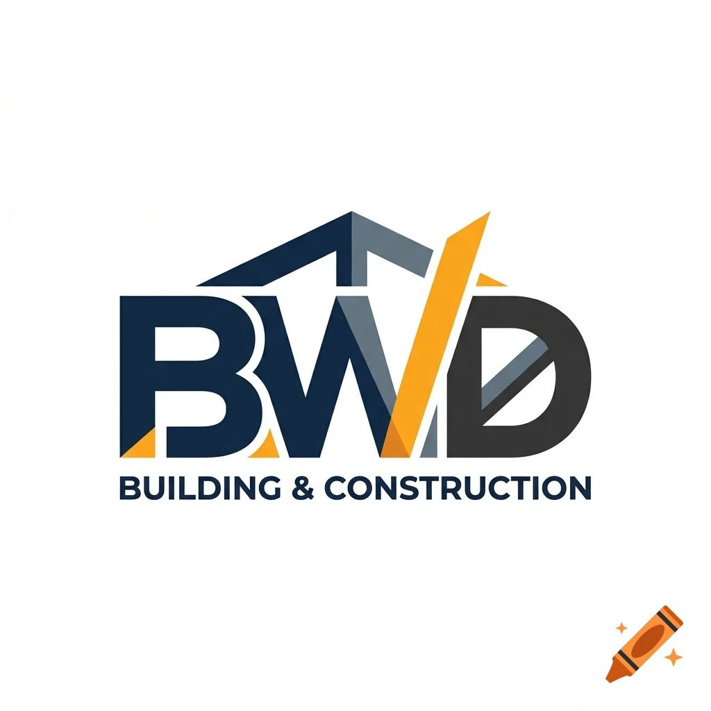 Logo for BWD building and construction featuring bold typography and roof graphic in dark blue and orange.