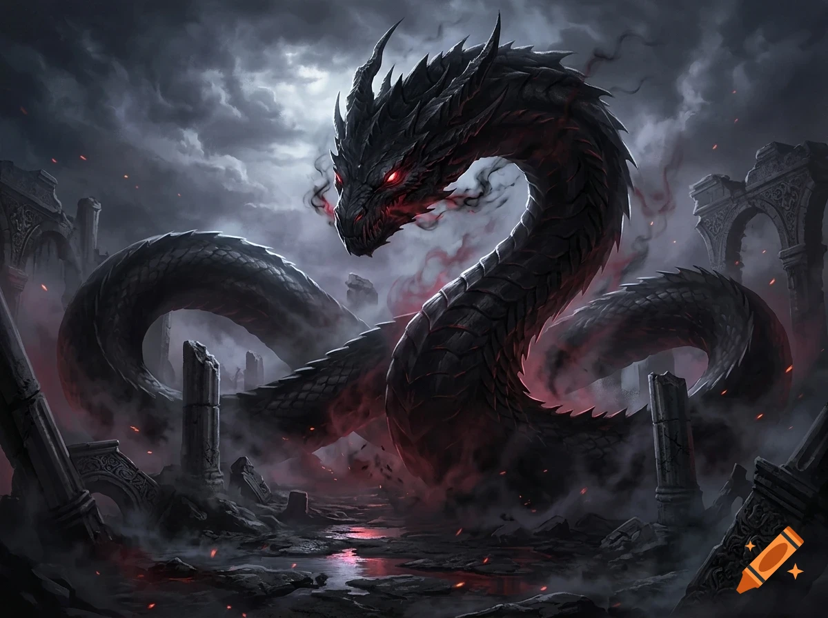 A massive black dragon with glowing red eyes and dark smoke coiled amidst ancient ruined stone pillars under a stormy sky.