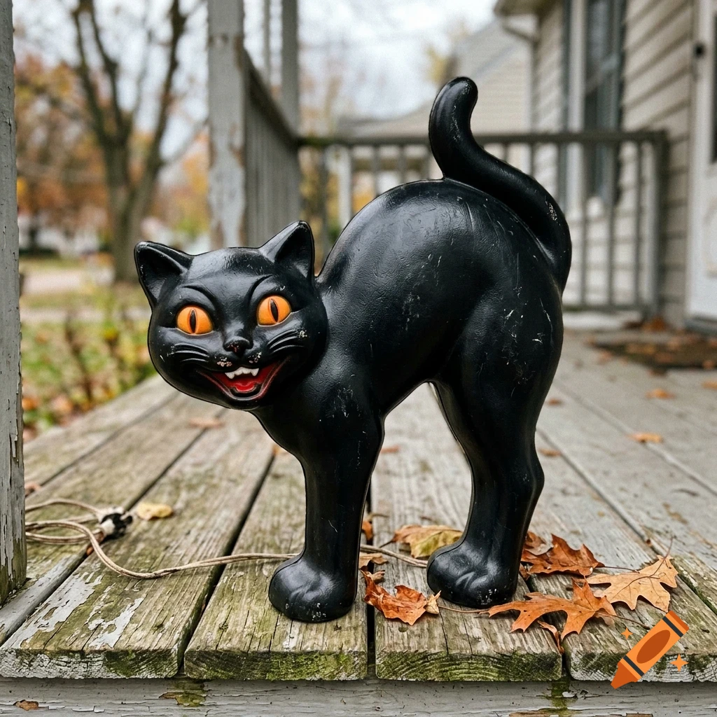 A vintage black cat blow mold decoration with arched back and glowing orange eyes stands on a wooden porch among autumn leaves.