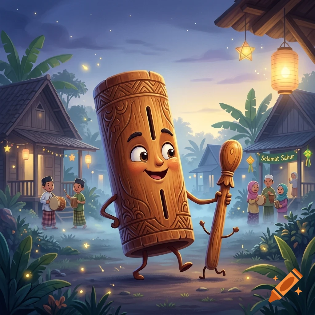 An anthropomorphic wooden slit drum character smiling and walking in a village at twilight, surrounded by children playing drums and traditional houses decorated with lanterns.