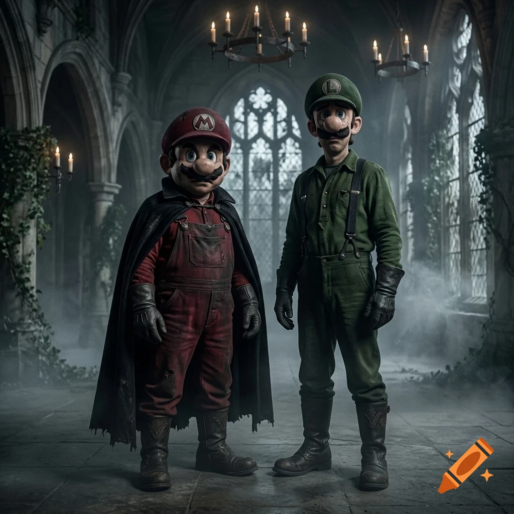 Mario and Luigi in realistic, textured depictions standing inside a gothic stone hall with chandeliers and arched windows.