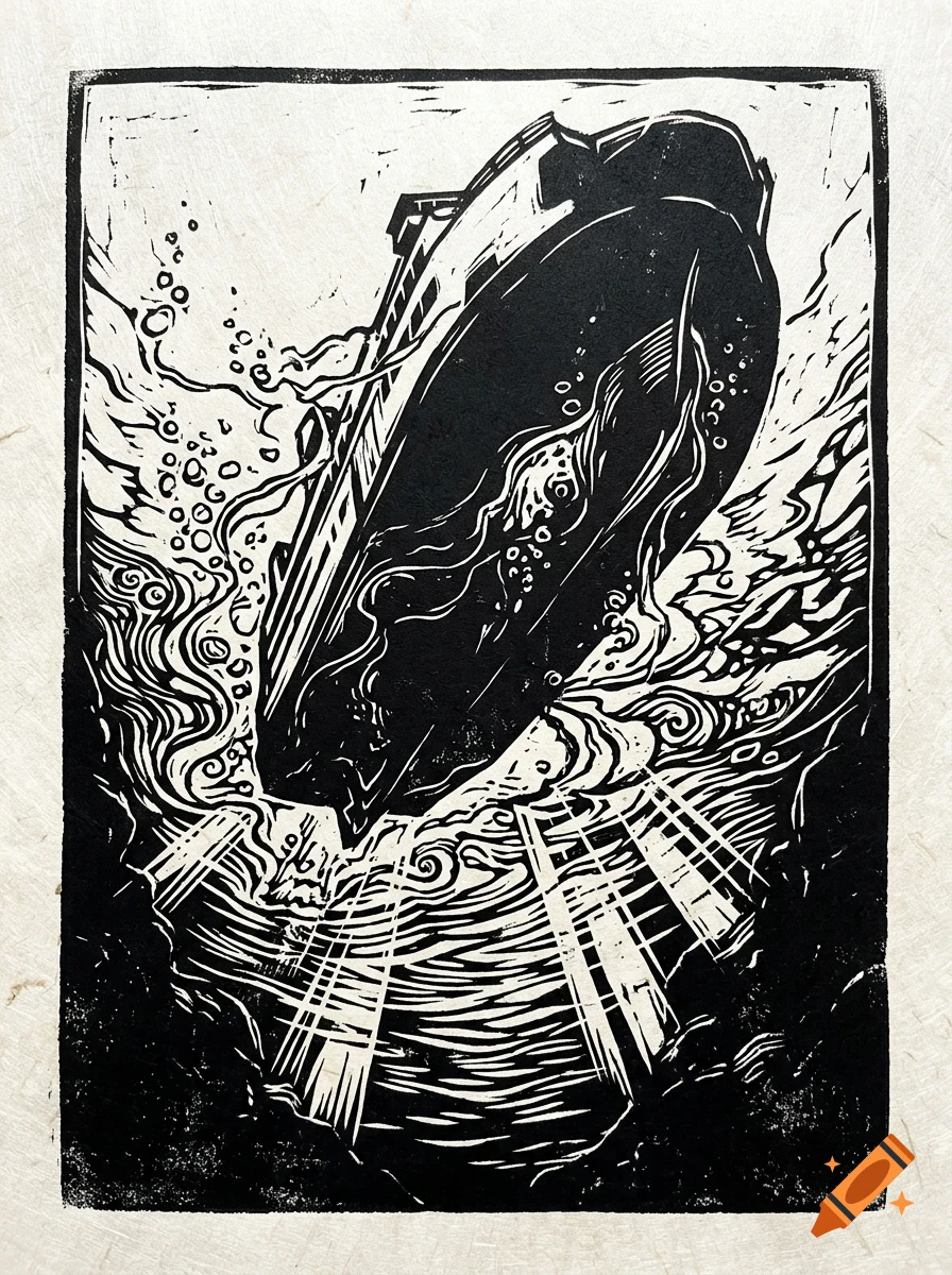 A high-contrast black and white linocut print depicting a ship sinking into turbulent ocean waves.