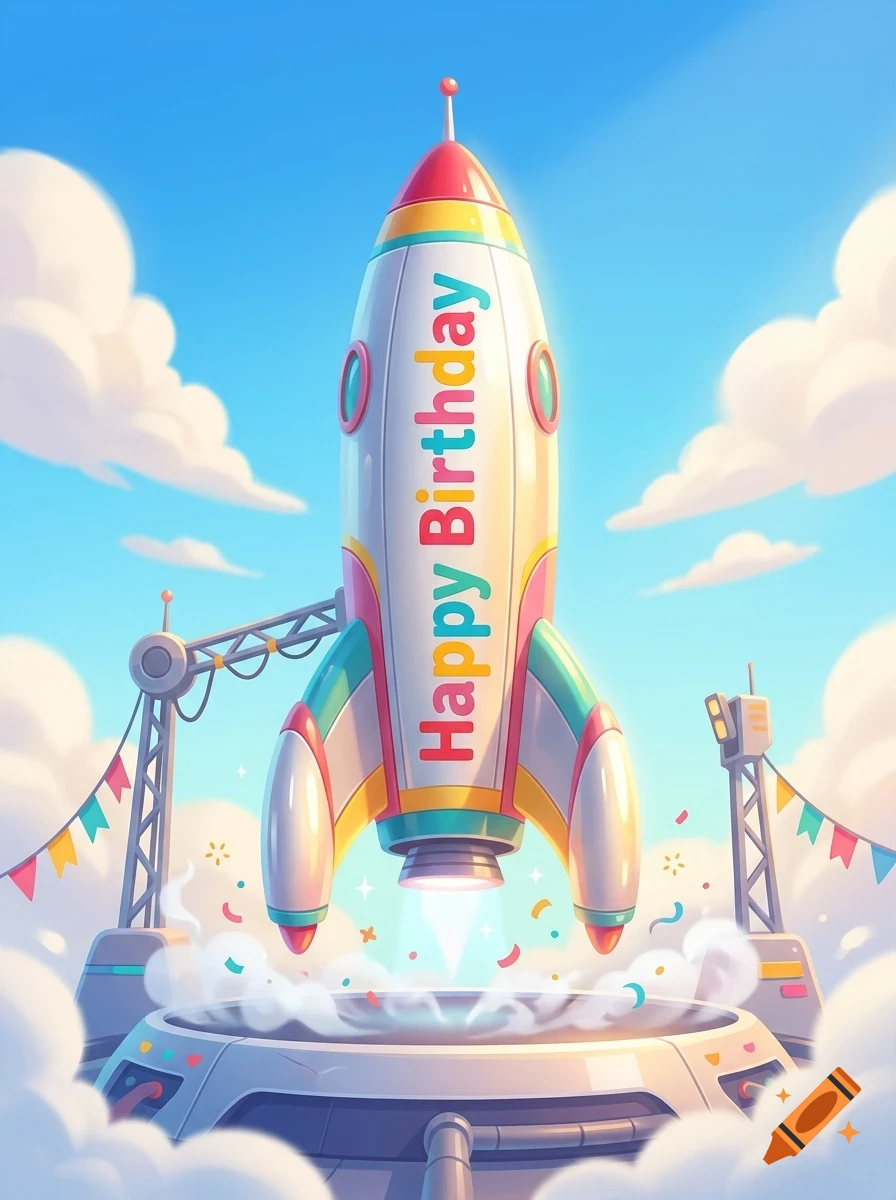 A colorful rocket ship with the words Happy Birthday written on its side launches from a platform into a blue sky with clouds.