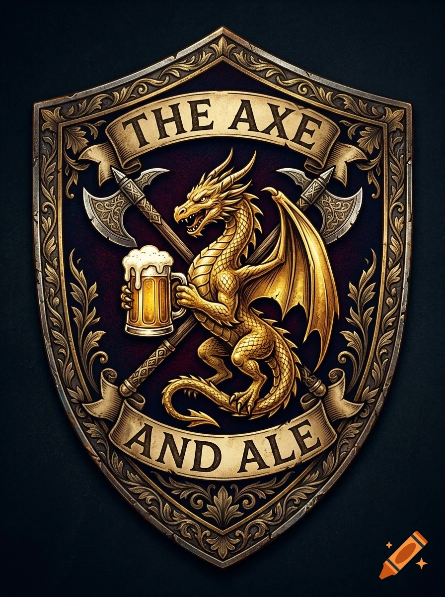 An ornate golden crest and shield featuring a golden dragon holding a mug of beer, crossed axes, and the text The Axe and Ale.