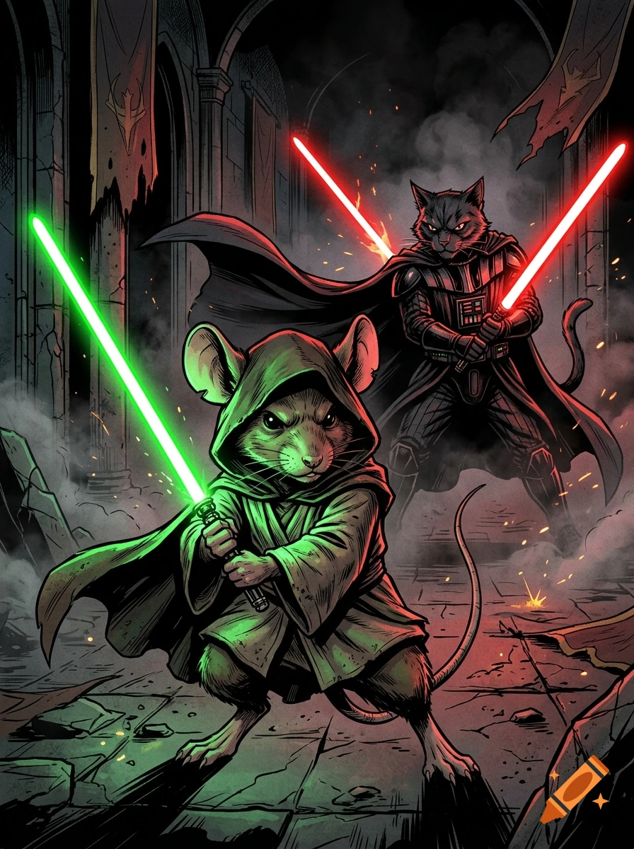 Dark comic style illustration of a mouse Jedi with a green lightsaber facing a cat Sith Lord with red lightsabers in a gothic hall.