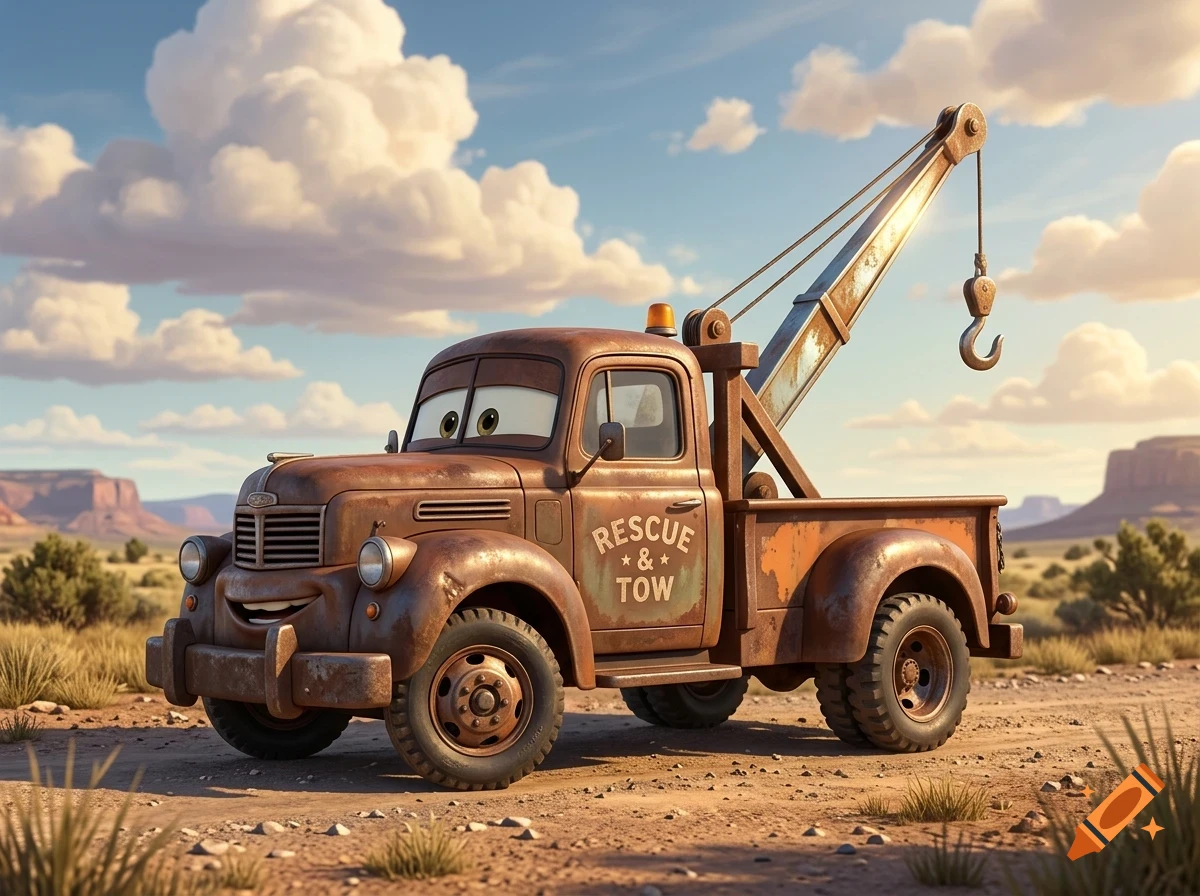 An anthropomorphic rusty tow truck with friendly eyes and a smile stands on a desert dirt road under a cloudy blue sky.