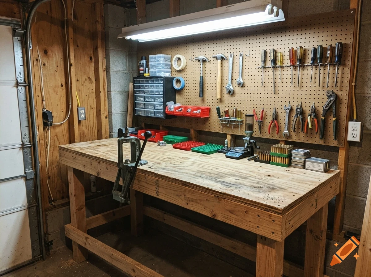 A wooden workbench in a workshop with a pegboard holding various tools, a reloading press, and storage organizers.