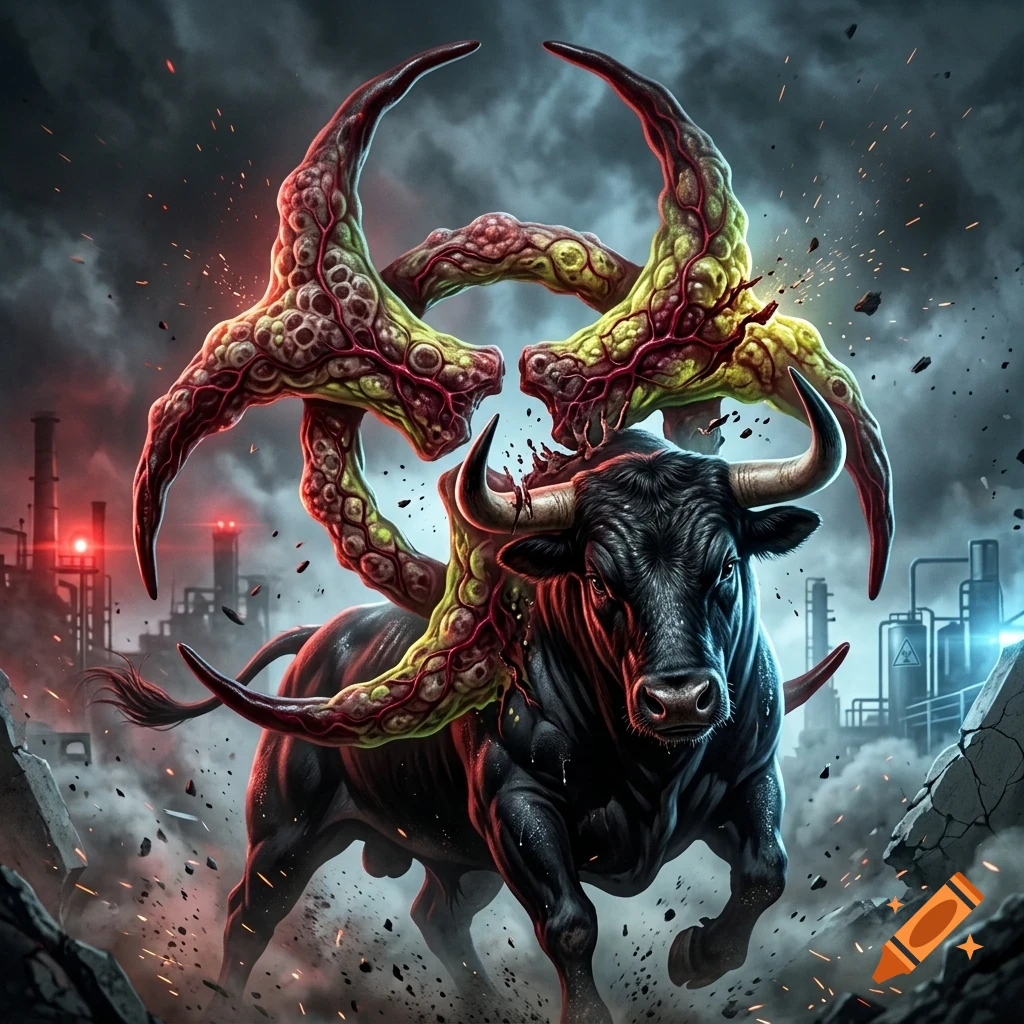 A dark, muscular bull charging forward through a dystopian industrial landscape, with a large, mutated biohazard symbol hovering menacingly above its back.