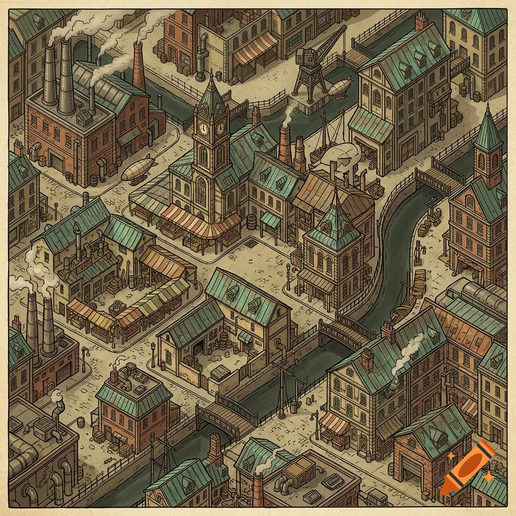 An isometric illustration of an industrial city with canals, factories, a clock tower, and small blimps in the sky.