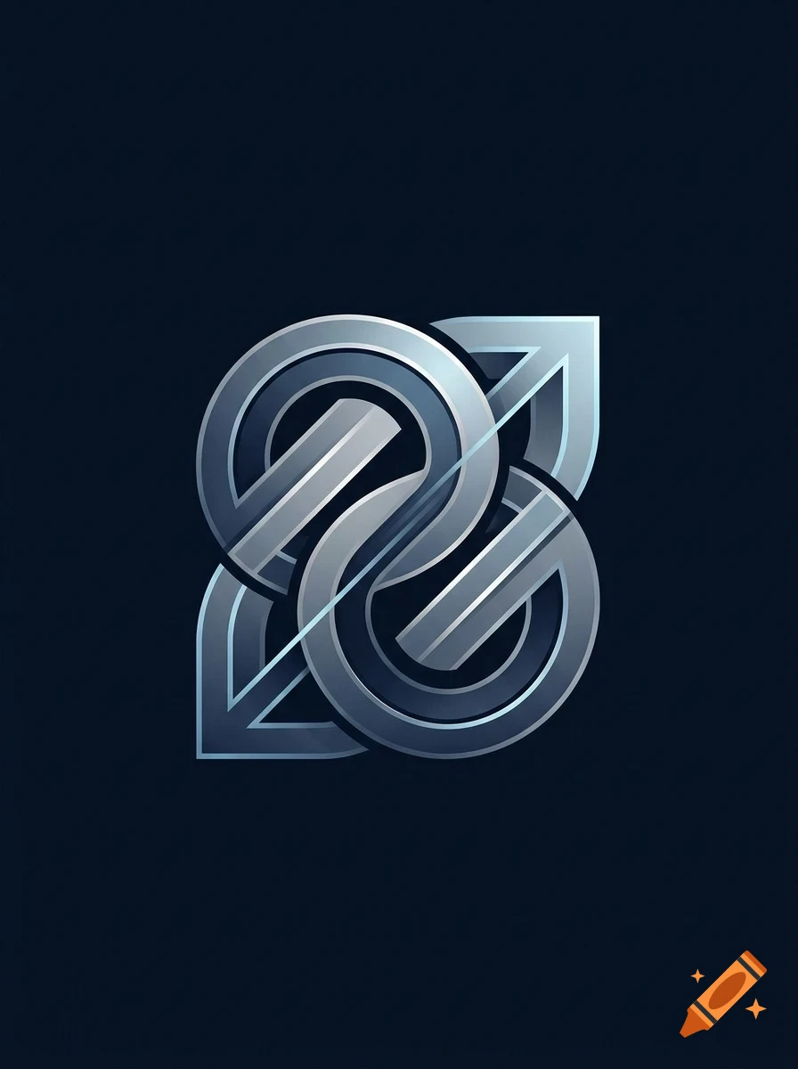 A metallic blue interconnected geometric emblem featuring circular loops and diagonal arrows against a dark background.