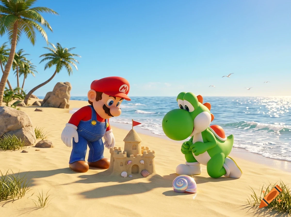 Mario and Yoshi build a sandcastle on a sunny beach next to the ocean.