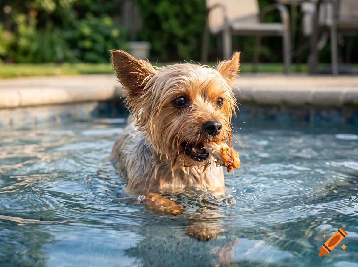 A small terrier dog swimming in a swimming pool while holding a piece of food in its mouth.