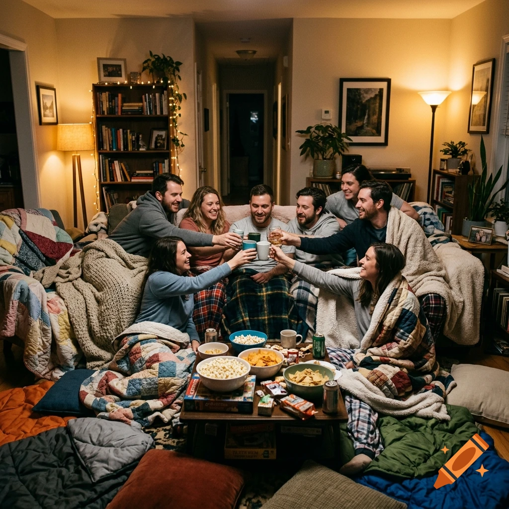 A group of friends sitting together in a living room, wrapped in blankets and holding drinks around a coffee table with snacks, photorealistic style.