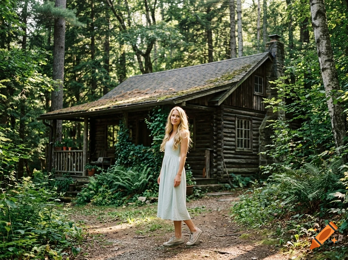 A blond woman wearing a light-colored dress stands on a dirt path in front of a rustic log cabin surrounded by a lush green forest.