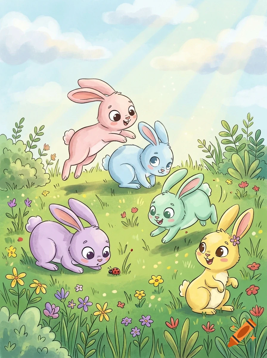 Five colorful cartoon bunnies playing in a sunny grassy field with flowers and a ladybug.