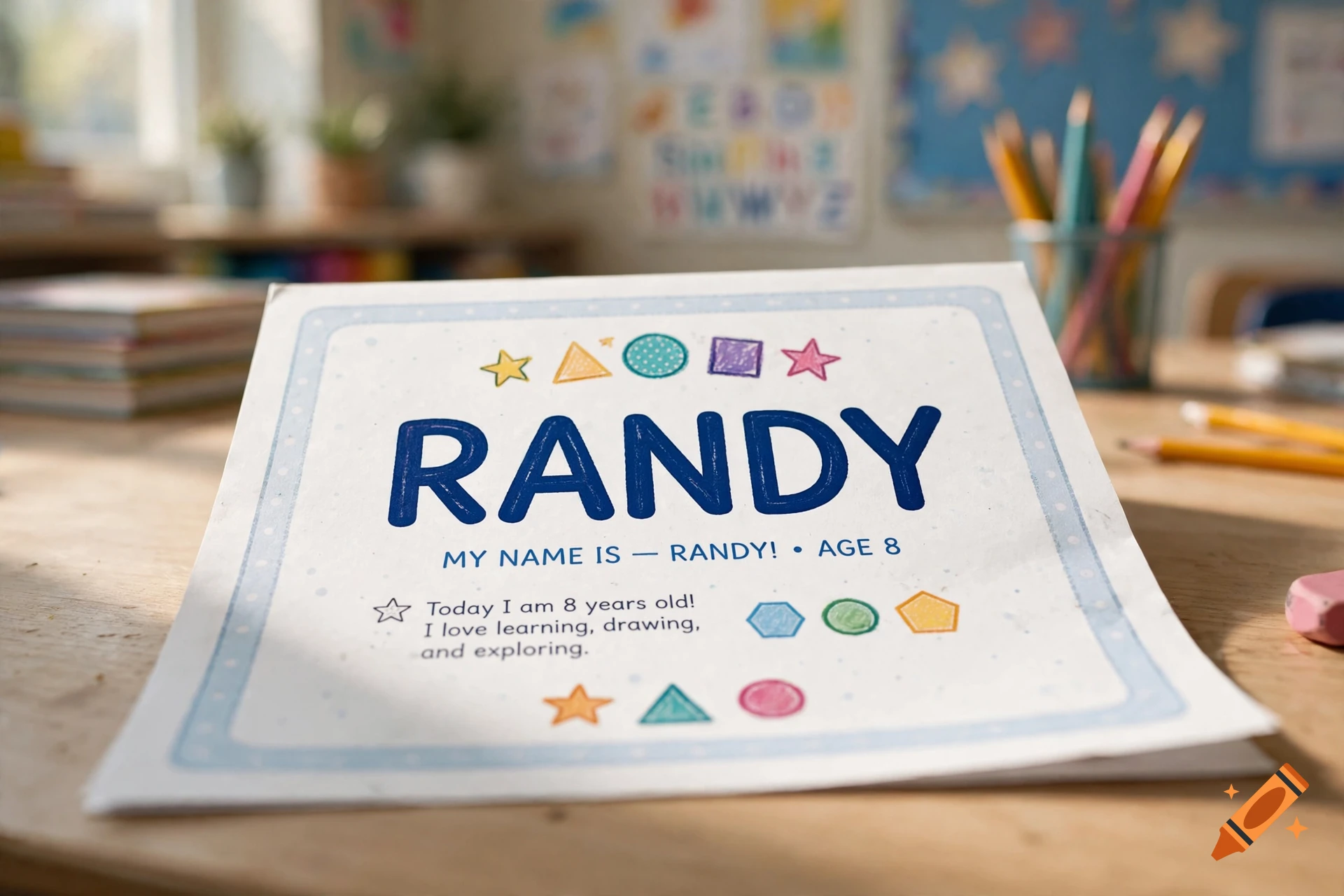 Close-up of a child's school printout on a wooden desk with crayons and school supplies in the background.